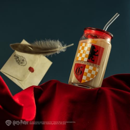 JoyJolt Harry Potter House Crests Glass Tumblers with Lids and Straws, 16oz Glass Cups with Lids and Straws, Can Shaped Drinking Glasses Set of 4, Hogwarts Cup, Harry Potter Merchandise - style: Harry Potter