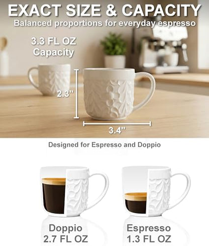 25DOL Small 3.3 Oz Ceramic Espresso Cups Set of 2 - White Cappuccino Cup with Nature Engravings and Comfort-Grip Handle - Expresso Coffee cups, Lead-Free Shot Mugs, Safe for Dishwasher, Microwave