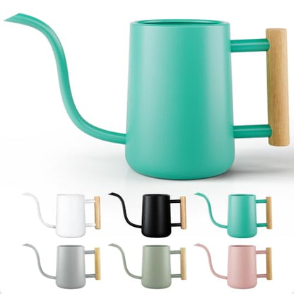 Metal Small Indoor Watering Can with Long Spout & Real Wood Handle, 35oz | Long Spout, Stainless Steel, Real Wood Handle, Gentle Flow, No Spills, Suitable for House Plants, Succulents & Seedlings - color: Mint Green
