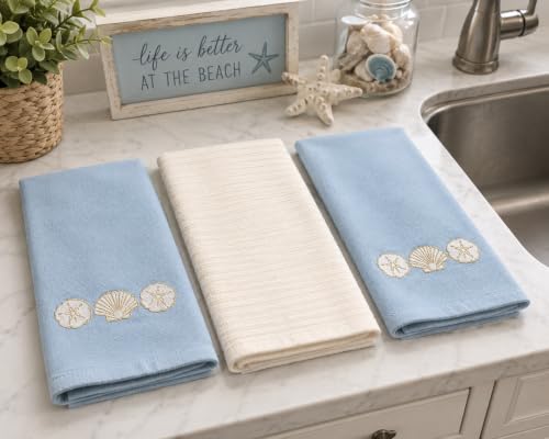 Coastal Kitchen Towels- Set of 3 Blue White 100% Cotton Embroidered Elegant Coastal Shells Gold Design - 16 x 26 Multipurpose Towels for Everyday Use - color: Coastal Shells Gold