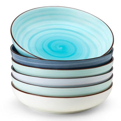 Sweese Pasta Bowls Set of 6, 30 Ounce Ceramic Salad Plates for Dishwasher & Microwave Safe - Solid Salad Bowls, Soup Bowls - Deep Plates Lipped Edges, Oven Safe Porcelain Plates Serving Bowls - color: Gradient Blue
