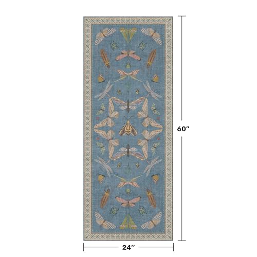 Boho Non Slip Kitchen Rug Runner - 2x5 Blue Washable Thin Rug for Bathroom, Laundry Room, Hallway, Non Slip with Rubber Backing, Insect Print Unique Runner - color: Blue, size: 2' x 5' (Runner)