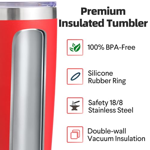 Volhoply 20oz Stainless Steel Tumbler with Lid and Straw Bulk 4 Pack,Double Wall Insulated Travel Iced Coffee Mug Fits Cup Holder,Powder Coated Cups for Hot/Cold Drinks,Gifts for Women（Red,4 Set） - color: Red