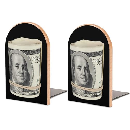 Money Roll 100 Hundred Dollar Decorative Bookends for Shelves Wood 1 Pair Desktop Book Stands for Home Office