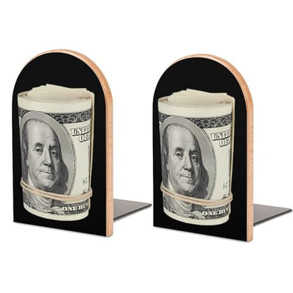 Money Roll 100 Hundred Dollar Decorative Bookends for Shelves Wood 1 Pair Desktop Book Stands for Home Office