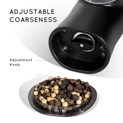 Flendy Gravity Electric Salt and Pepper Grinder Set with Charging Base | USB-C Charging Base, Gravity-Activated, Automatic, Rechargeable, Dust Cover, Large Capacity, Slim, Kitchen Housewarming Gift - color: Black