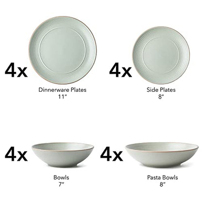 ARORA RINGAR Round Stoneware 16pc Double Bowl Dinnerware Set for 4, Dinner Plates, Side Plates, Cereal Bowls, Pasta Bowls - Speckle Matte White (405878) - color: Speckle Matte White-Cereal/Pasta Bowl, style: Round-Service for 4(16pcs)