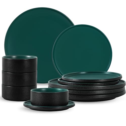 Dinnerware Sets, 12-Piece Plates and Bowls Set for 4, Matte Green | Modern Minimalist Stoneware, Dinner Plate, Salad Plate, Cereal Bowl, Dish Set for 4 - color: Green, size: Service for 4 (12PCS)