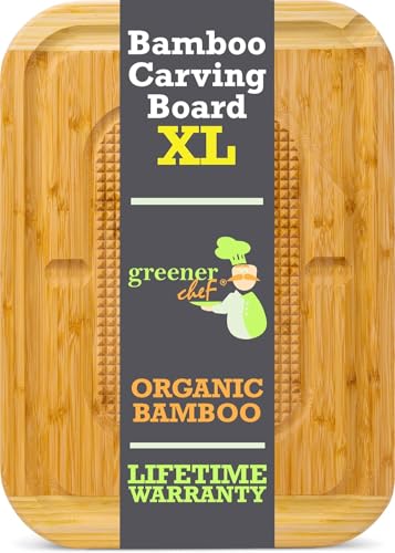 GREENER CHEF 18 Inch Extra Large Organic Turkey Carving Board with Lifetime Replacements - XL Wooden Butcher Block Meat Cutting Board with Pour Spout - Thanksgiving Cooking Essentials - size: 18"L x 13"W