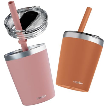 CUPKIN Steel Cup, The Original 8 oz Stackable Stainless Steel Silicone Straw Cup, Set of 2 Powder Coated Insulated Toddler Cups & BPA Free Lids + Food Grade Reusable Silicone Straws (Rust + Salmon) - color: Rust + Salmon, size: 8 Fl Oz (Pack of 2)