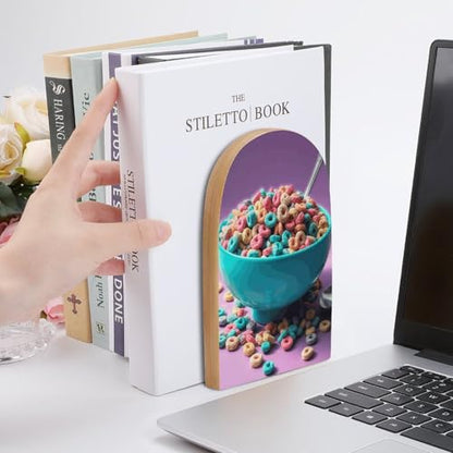 Cereal in Bowl Book Ends for Shelves Heavy Duty Non-Slip Wooden Bookends with Metal Base Modern Decorative Wooden Book Holders Book Stopper for Home Office And Library,Books Shelf Holder Organizer Acc