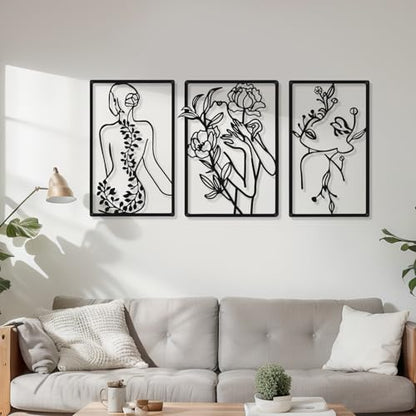 CHENGU 3 Pieces Metal Minimalist Abstract Woman Wall Art Line Drawing Wall Art Decor Single Line Female Home Hanging for Kitchen Bathroom Living Room - style: Lovely Style