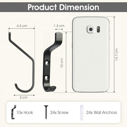 GlazieVault Coat Hooks Wall – Door Hooks (10 Pack) - Heavy Duty Wall Mounted - Premium Design Rust Free Hooks - style: Flat Hooks Black P-10