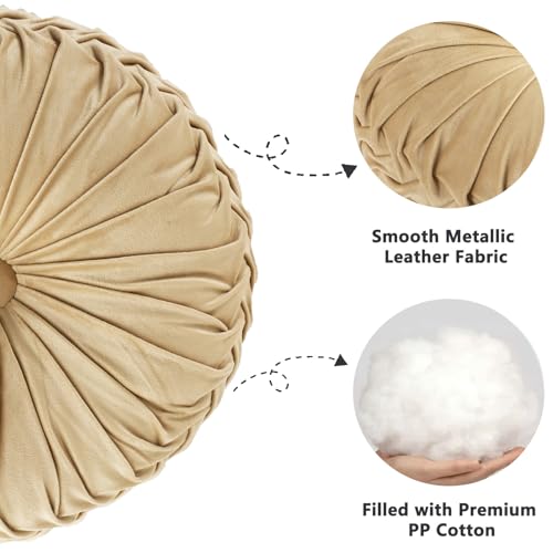 HIG Set of 2 Apricot Velvet Decorative Round Pleated Throw Pillows - color: Apricot