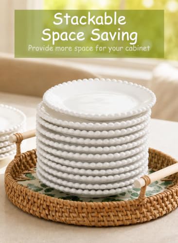 6 Inch White Porcelain Beaded Dessert Plates Set of 12 | Round Shape,Ceramic,Small,Dinner Serving Dishes,for Appetizer,Cake,,Snacks,Fruits, Microwave, Dishwasher,Oven Safe - size: 6 Inch - 12P