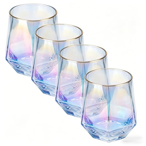 Stemless Wine Glasses Set Of 4,10Oz Iridescent Glassware,Modern Rainbow Glass Colored Tumblers for Red Wine,Bourbon,Cocktails,Whiskey,Gifts - color: 4pcs colorful