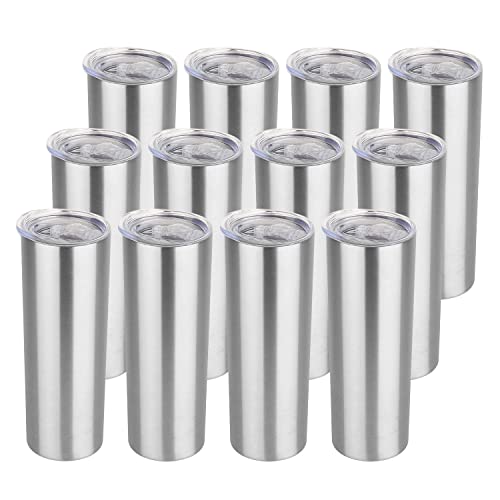 HASLE OUTFITTERS 20 oz Skinny Tumblers Bulk Set, Stainless Steel Insulated Slim Tumblers with Lids, Reusable Double Wall Travel Coffee Mugs, Durable Powder Coated Travel Water Cups(12) - color: Stainless Steel, size: 20 oz (12 Count)