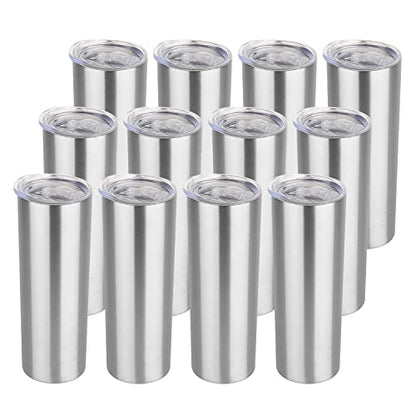 HASLE OUTFITTERS 20 oz Skinny Tumblers Bulk Set, Stainless Steel Insulated Slim Tumblers with Lids, Reusable Double Wall Travel Coffee Mugs, Durable Powder Coated Travel Water Cups(12) - color: Stainless Steel, size: 20 oz (12 Count)