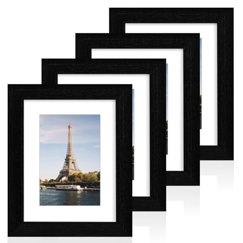 iRahmen 6x8 Picture Frame with Mat 4x6 - High Definition Real Glass Wooden Photo Frames for Tabletop Display and Wall Mounting (Black Woodgrain, Set of 4) - color: Black Woodgrain, size: 6X8