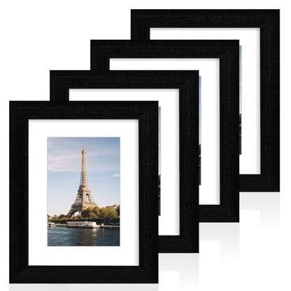 iRahmen 6x8 Picture Frame with Mat 4x6 - High Definition Real Glass Wooden Photo Frames for Tabletop Display and Wall Mounting (Black Woodgrain, Set of 4) - color: Black Woodgrain, size: 6X8