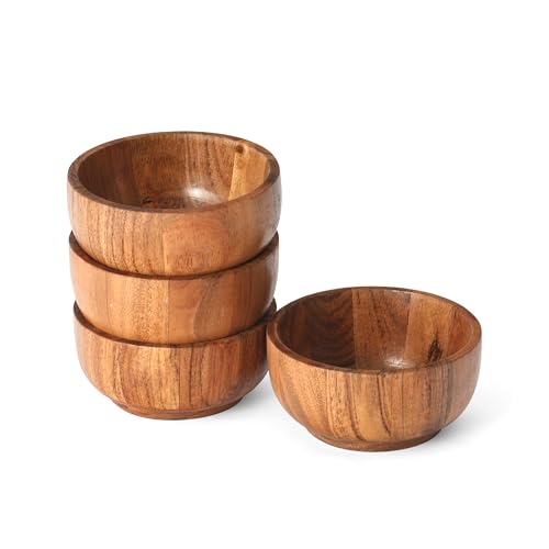 Acacia Wood Round Serving Bowls Set of 4 U Shape with Round Bottom Handmade 4.75 Inch Medium Brown - size: 4 U Shape with Round Bottom Bowls of 4.75-Inch