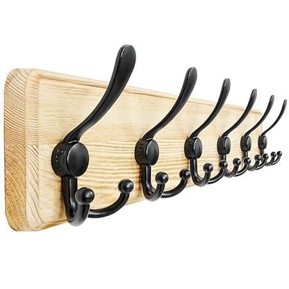 Coat Rack Wall Mounted - 24" Long 6 Tri Hooks, Heavy Duty Wooden Wall Coat Hanger Coat Hook for Clothes Hat Jacket Clothing, Weathered Light Natural and Black - color: Light Brown & Black, size: L=24"