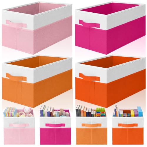 4 Pcs Pink Orange Collapsible Storage Bins Baskets Fabric Storage Cubes 14x10x9'' Large Closet Organizer for Shelve Colorful Foldable Basket with Handle for Sunset Party Nursery Classroom Decor - color: Pink Orange