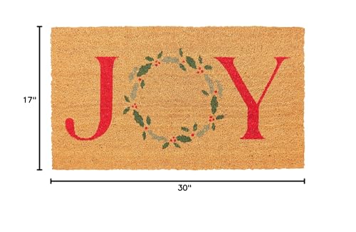 KAF Home Holiday Coir Doormat with Heavy-Duty, Weather Resistant, Non-Slip PVC Backing | 17 by 30 Inches, 0.6 Inch Pile Height | Perfect for Indoor and Outdoor Use (Joy Wreath)