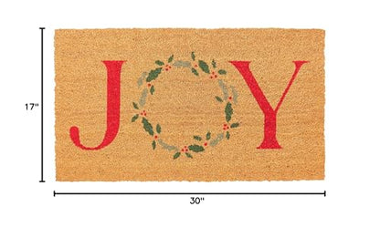 KAF Home Holiday Coir Doormat with Heavy-Duty, Weather Resistant, Non-Slip PVC Backing | 17 by 30 Inches, 0.6 Inch Pile Height | Perfect for Indoor and Outdoor Use (Joy Wreath)
