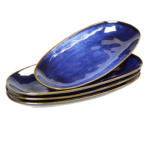 Ceramic Serving Salad Plates Set of 4, 10.6 Inch Dinner Platters for Pasta, Appetizer, Dessert, Snack, Plate for Kitchen, Table decoration, Holiday Gifts, Microwave & Dishwasher Safe, Blue - color: Blue, size: 10.6 Inch