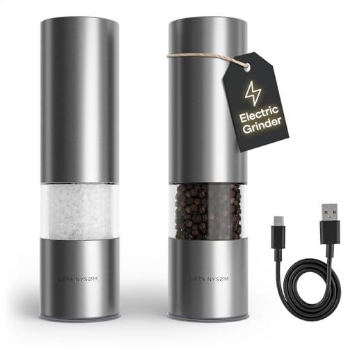 LARS NYSØM Electric Salt and Pepper Grinder Set I Automatic Salt and Pepper Mills with Adjustable Ceramic Grinder I USB Rechargeable Electric Spice Mill Set with LED Light (Stainless Steel) - color: Stainless Steel, size: Set of two electric mills