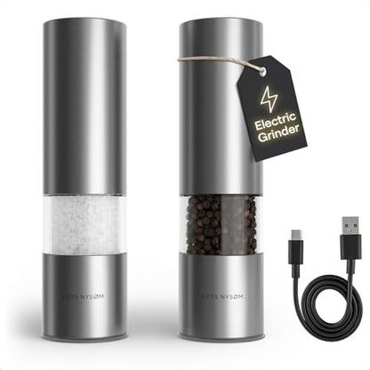 LARS NYSØM Electric Salt and Pepper Grinder Set I Automatic Salt and Pepper Mills with Adjustable Ceramic Grinder I USB Rechargeable Electric Spice Mill Set with LED Light (Stainless Steel) - color: Stainless Steel, size: Set of two electric mills