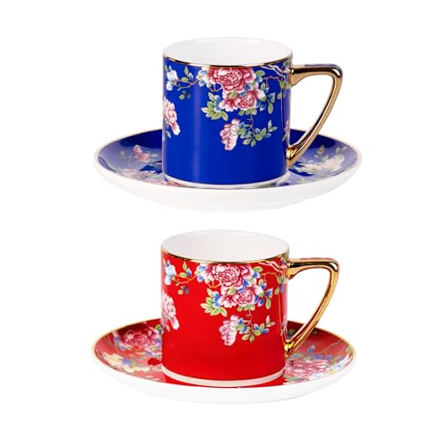 KAMMAK Tea Cup and Saucer, Ceramic Coffee Cups, 7.4 oz, Set of 2 | Porcelain Tea Cups with Saucers for Coffee and Cappuccino, Ideal for Breakfast, Afternoon Tea and Entertaining,631+632N - style: 631N+632N