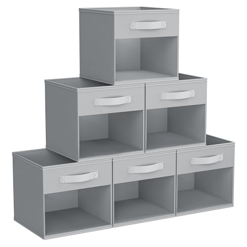 DIMJ Storage Cubes, 11x 11 inch Cube Storage Bin, 6 Pack Closet organizers and storage Bins with Window, Collapsible Baskets with Handle for Shelves, Clothes, Toys, Books (Grey) - color: Gray, size: 10.6 Inch.- 6 Pack