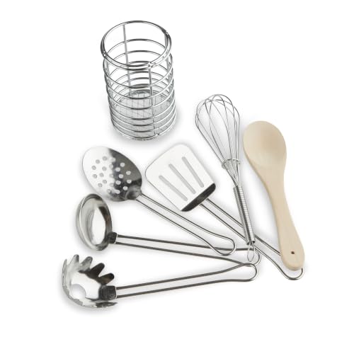 Melissa & Doug Stir & Serve Cooking Utensils (7 pcs) - Stainless Steel & Wooden Play Kitchen Accessories, Preschool Learning Toys for Girls & Boys 3+