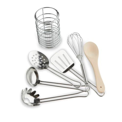 Melissa & Doug Stir & Serve Cooking Utensils (7 pcs) - Stainless Steel & Wooden Play Kitchen Accessories, Preschool Learning Toys for Girls & Boys 3+