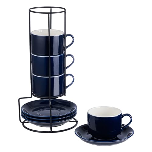 YOLIFE 8oz Porcelain Stackable Cappuccino Cups with Saucers and Metal Stand Set of 4, Coffee cups for Espresso, Specialty Coffee Drinks, Latte, Americano and Tea - Blue - color: Blue, size: 8oz