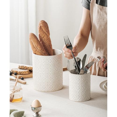 Utensil Holder Set of 2, 7.3”+5.2”Ceramic Utensil Crock Organizer | Farmhouse Countertop Storage, Embossed Pattern - color: Off-White Set of 2