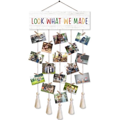 Look What We Made Hanging Photo Display Board with 16 Clips 5 Strings,Rustic Style Picture Collage Frames Wall Decor Wood Hanging for Home Décor,Housewarming Gifts - color: Look What We Made