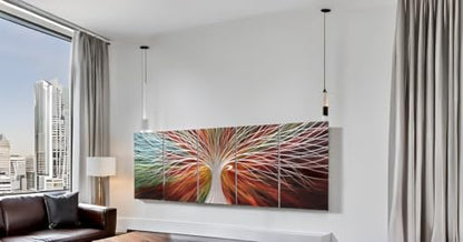Yihui Arts Abstract Metal Wall Art - Tree Of Life Hand Crafted 5 Pieces Panels Large Big Unique 3D Aluminum Modern Contemporary Home Accent - color: A Red, size: 64"L x 32"W