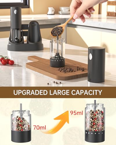 CIRCLE JOY Electric Salt and Pepper Grinder Set Automatic Salt and Pepper Grinder Set with Easy-to-Carry Charging Base and LED Light, USB Rechargeable, Upgrade External Adjustable Coarseness - color: Black