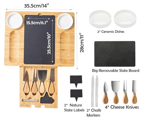 Bamboo Charcuterie Board Gift Set with Expandable Slate, Hidden Drawer, Lightweight, Modern, Natural Finish, Ideal for Cheese, Meats, and Snacks, Perfect for Gatherings or Gifting - size: 2 Grooves Charcuterie Board Set