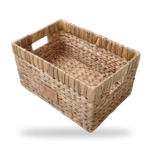 Handmade Water Hyacinth Wicker Storage Basket with Handles – Rectangle Organizer Bin for Shelves, Blanket, Bathroom, Closet – Stackable – Decorative & Durable (1, M: 14" x 10" x 8") - size: M: 14" x 10" x 8"