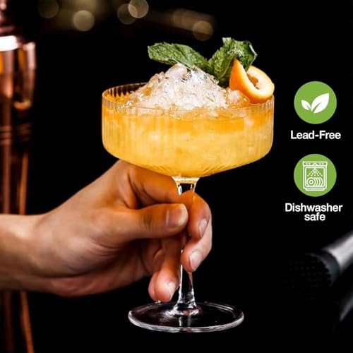 4 Pcs Ribbed Coupe Glasses, 10 oz Large Vintage Martini Glass Set, Unique Margarita Glass, Classic Cocktail Galssware, Ribbed Bar Drinking Glasses Set for Cocktail, Wine, Champagne, Espresso & Gift