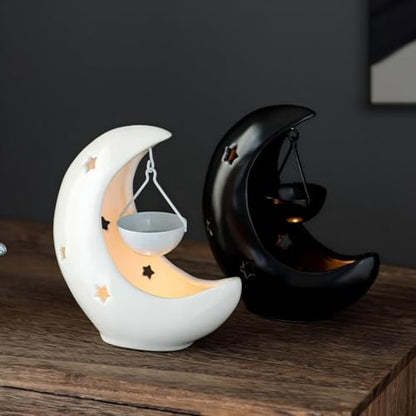 Moon & Star Ceramic Wax Melt Warmer, Hanging Tealight Oil Burner, Aromatherapy Candle Holder for Home Decor, Bedroom, Spa, Boho Gift for Women, Mom Black