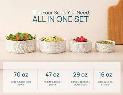 KooK Serving Bowls, with Lids, Ceramic Nesting Bowls, Set of 4, Embossed, Kitchen, Prep, Stackable, Gift, Microwave and Dishwasher Safe, 16/29/47/70 oz, Narbonne Collection (Ivory) - size: 70 Oz