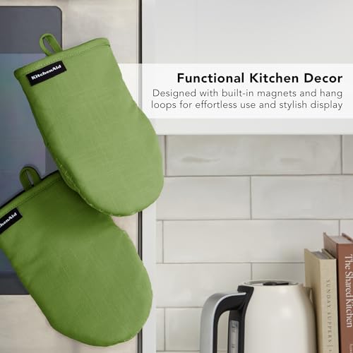 KITCHENAID Gourmet Series Gridlines Mini Oven Mitts 2-Pack Set, Heat Resistant up to 600°F, Soft Silicone Grip, Magnetic Cuff, Matcha Green, 5.5"x9" - color: Matcha Green