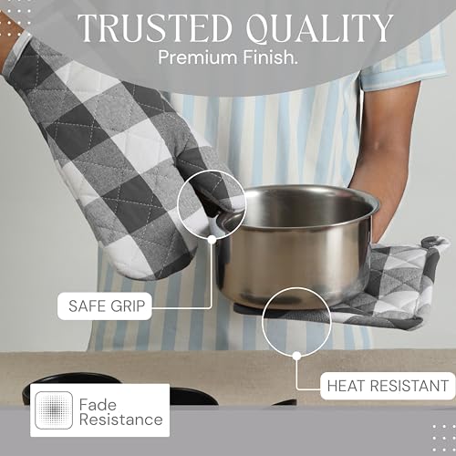 Oven Mitt & Pot Holder Buffalo Plaid Check 100% Cotton Heat Resistant Oven Gloves (7"x13") & Hot Pads (8"x8") Combo for Baking, Cooking - Grey - color: Grey Buffalo Plaid