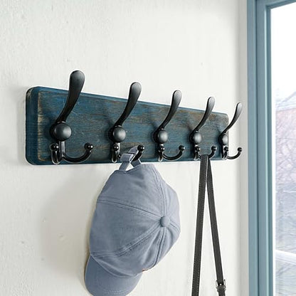 Coat Rack Wall Mount - Heavy-Duty Robust Barnwood-Style Wooden Wall Coat Hanger Hook Rail with 5 Triple Hooks for Winter Coats Hat Jacket Clothing, Weathered Blue & Black - color: Weathered Blue & Black, size: L=17.4"
