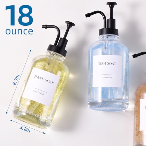 Glass Soap Dispenser with Pump, Dish and Hand Soap Dispenser for Kitchen Bathroom, Glass Dispenser Set with 18 Stickers Funnel Bamboo Tray 500ml 18oz Clear - color: Clear 3
